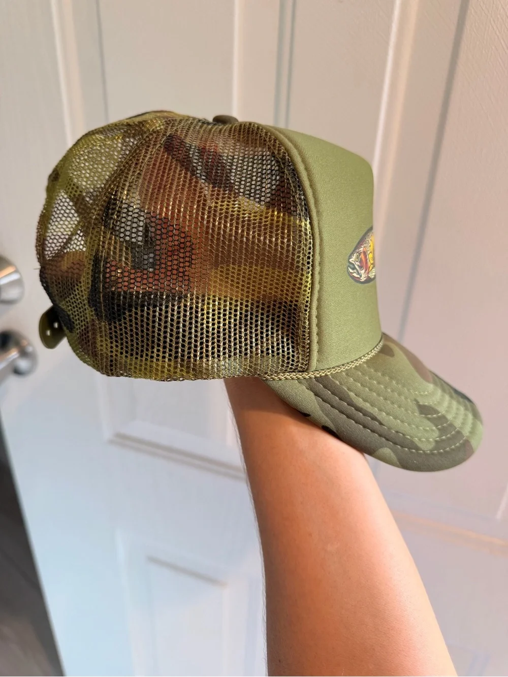 Olive Green Fish Trucker Cap with Floral Trout Graphic